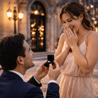 Man proposing to a woman in an elegant outdoor setting
