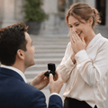 Man proposing to a woman with a ring box outdoors.