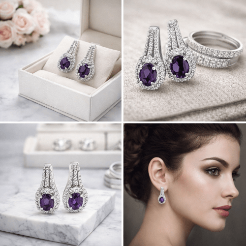 Collage of purple gemstone earrings and ring with a marble surface and floral background.