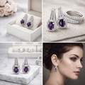 Collage of purple gemstone earrings and ring with a marble surface and floral background.