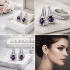 Collage of purple gemstone earrings and ring with a marble surface and floral background.