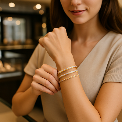 Woman trying on a diamond bangle bracelet at Bijoux-NYC Direct online store