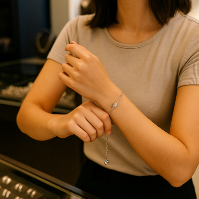 Woman trying on a bolo bracelet at Bijoux-NYC Direct.