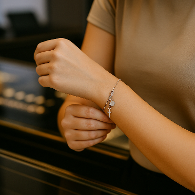 Woman fastening a delicate charm bracelet with multiple charms at a jewelry counter.