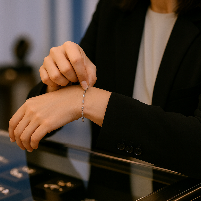 Elegant station bracelet with evenly spaced diamond accents being tried on at a luxury jewelry counter.