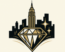 City skyline with a diamond shape in the foreground on a beige background