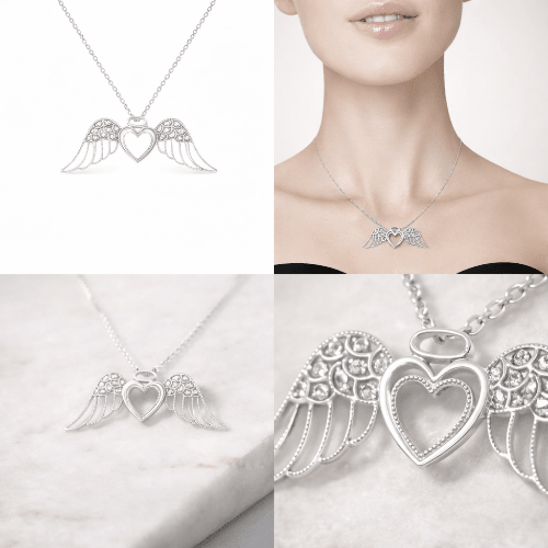 Silver necklace with heart and wing design worn by a model on a white background
