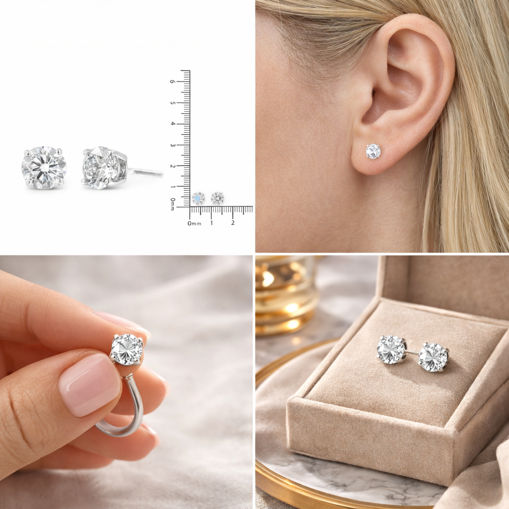 Collage of IGI certified diamond stud earrings with measurements, worn, held, and displayed in a box.