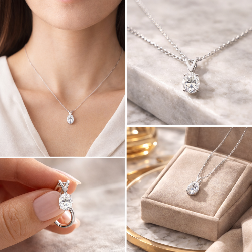Collage of  IGI certified diamond necklace and ring on a neutral background