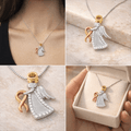 Collage of angel pendant necklace with gold and silver accents on a neutral background.