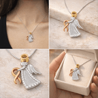 Collage of angel pendant necklace with gold and silver accents on a neutral background.
