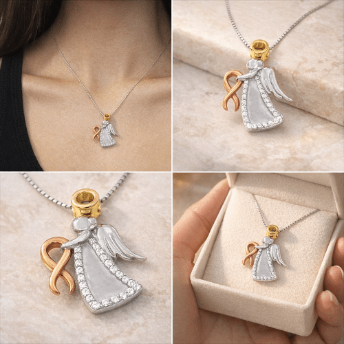 Collage of angel pendant necklace with gold and silver accents on a neutral background.