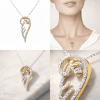 Gold and silver pendants on necklaces with a close-up of one pendant.