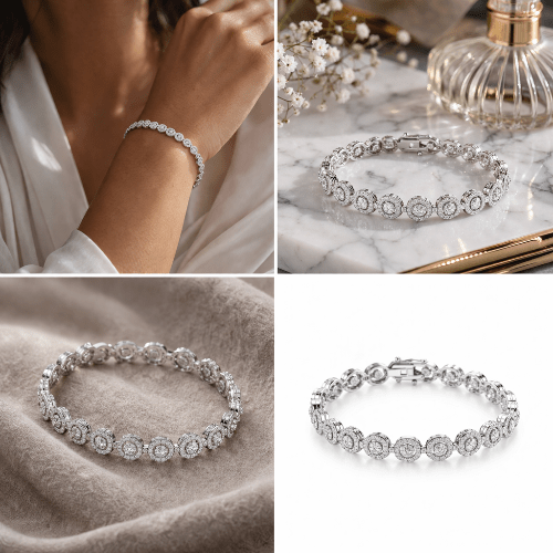 Silver bracelet on a marble surface with a perfume bottle, surrounded by flowers.