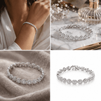 Silver bracelet on a marble surface with a perfume bottle, surrounded by flowers.