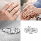 Four image collage of white gold princess cut diamond engagement ring bridal set with matching band, including hand wearing ring, proposal moment, close-up diamond detail, and product photo on white background