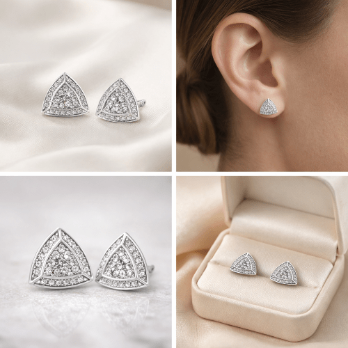 Triangular diamond earrings shown in various settings including on an ear, in a box, and on a white surface.