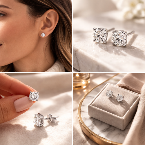 Collage of diamond earrings on a woman's ear, in a box, and being held.