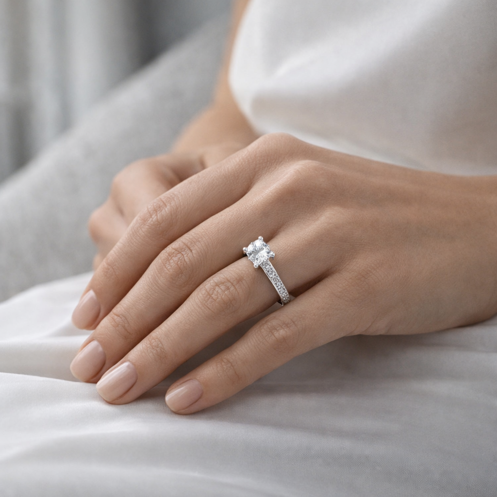 Close-up of a hand wearing a diamond ring on a neutral background