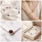 Silver bracelet with red gemstones on a white background, worn on a wrist, and displayed in a box.