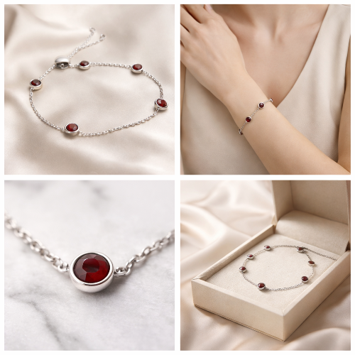 Silver bracelet with red gemstones on a white background, worn on a wrist, and displayed in a box.