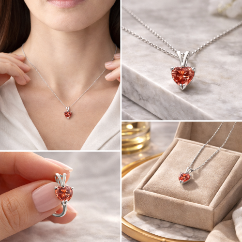 Heart-shaped red lab diamond white gold necklace displayed on a person, in a box, and close-up.