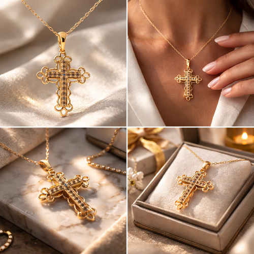 Gold cross necklace on a marble surface, worn by a hand, displayed in a box with a candle in the background.