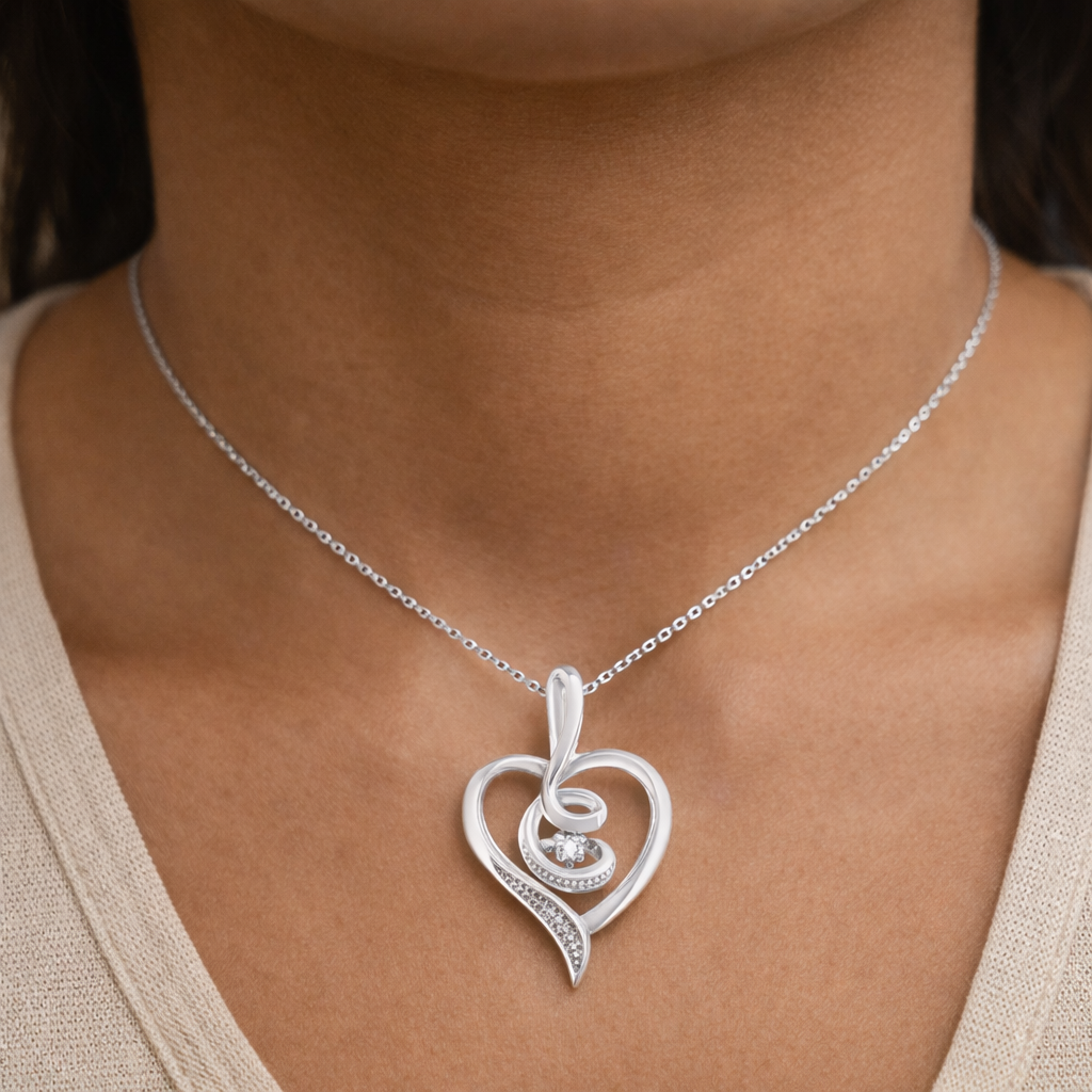 10K White Gold 0.03 Cttw Diamond Swirl Open Heart Pendant Necklace (J-K, I2–I3) – 18"