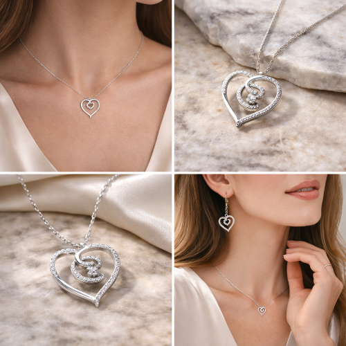 Heart-shaped silver jewelry set on a neutral background