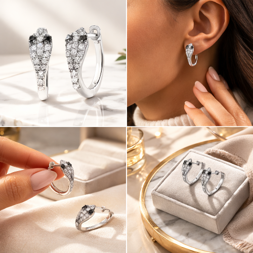 Collage of diamond earrings on a white surface, worn by a person, and displayed in a jewelry box.