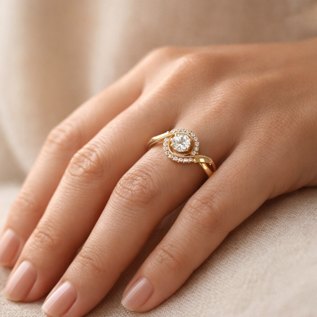 Gold ring with a diamond on a hand against a beige background