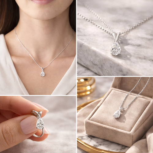 IGI certified Collage of a white gold teardrop pendant necklace on a marble surface.
