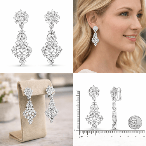 Collage of diamond earrings on a stand, worn by a model, and with a ruler for scale.