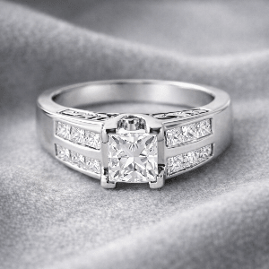 White gold ring with a large diamond and smaller diamonds on a gray background