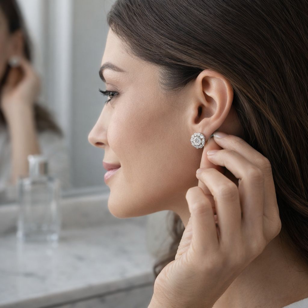 Woman adjusting a diamond earring in front of a mirror