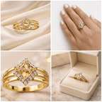 Collage of gold rings with diamond accents on a soft fabric background.