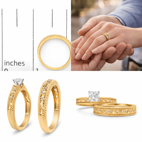 Collage of gold rings with diamond accents, a measuring scale, and hands wearing rings.