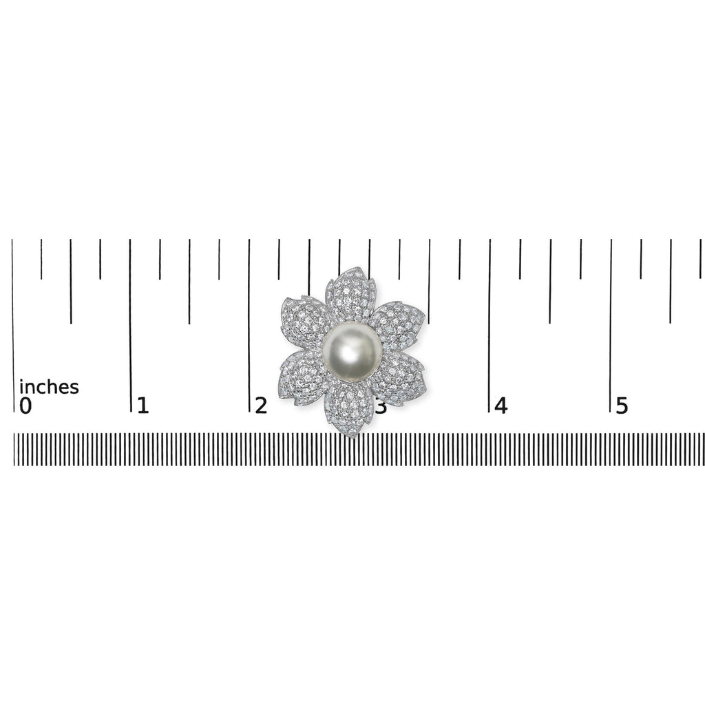 18K White Gold 2 3/4 Cttw Diamond and 12.5 MM Cultured Freshwater Pearl Floral Brooch Pin (G-H Color, VS1-VS2 Clarity)