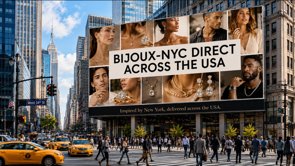 A large outdoor billboard on a city street reads 'BIJOUX-NYC DIRECT ACROSS THE USA' with multiple fashion model portraits and jewelry imagery. The scene includes pedestrians, yellow taxis, tall buildings, and a busy urban environment.