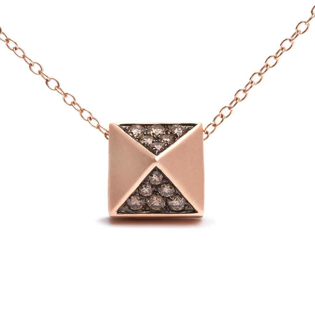 14K Rose Gold 1/4 Cttw Brown Diamond Matte Finished Pyramid Pendant Necklace (Brown Color, SI1-SI2 Clarity) - 18" Inches