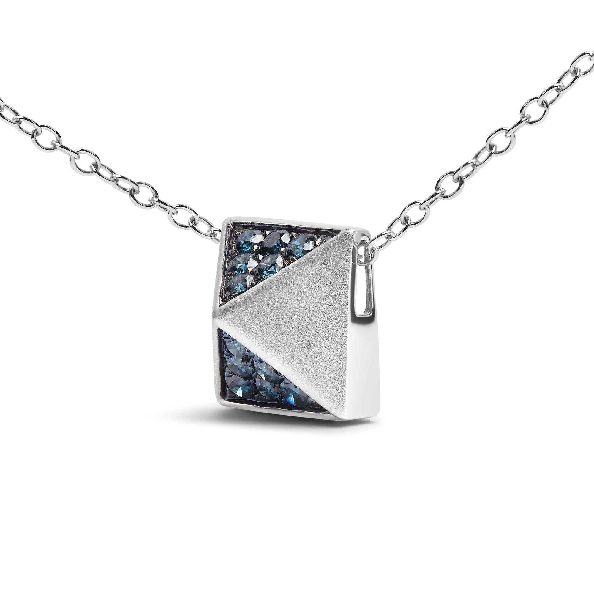 14K White Gold 1/4 Cttw Treated Blue Diamond Matte Finished Pyramid Pendant Necklace (Blue Color, SI1-SI2 Clarity) - 18" Inches