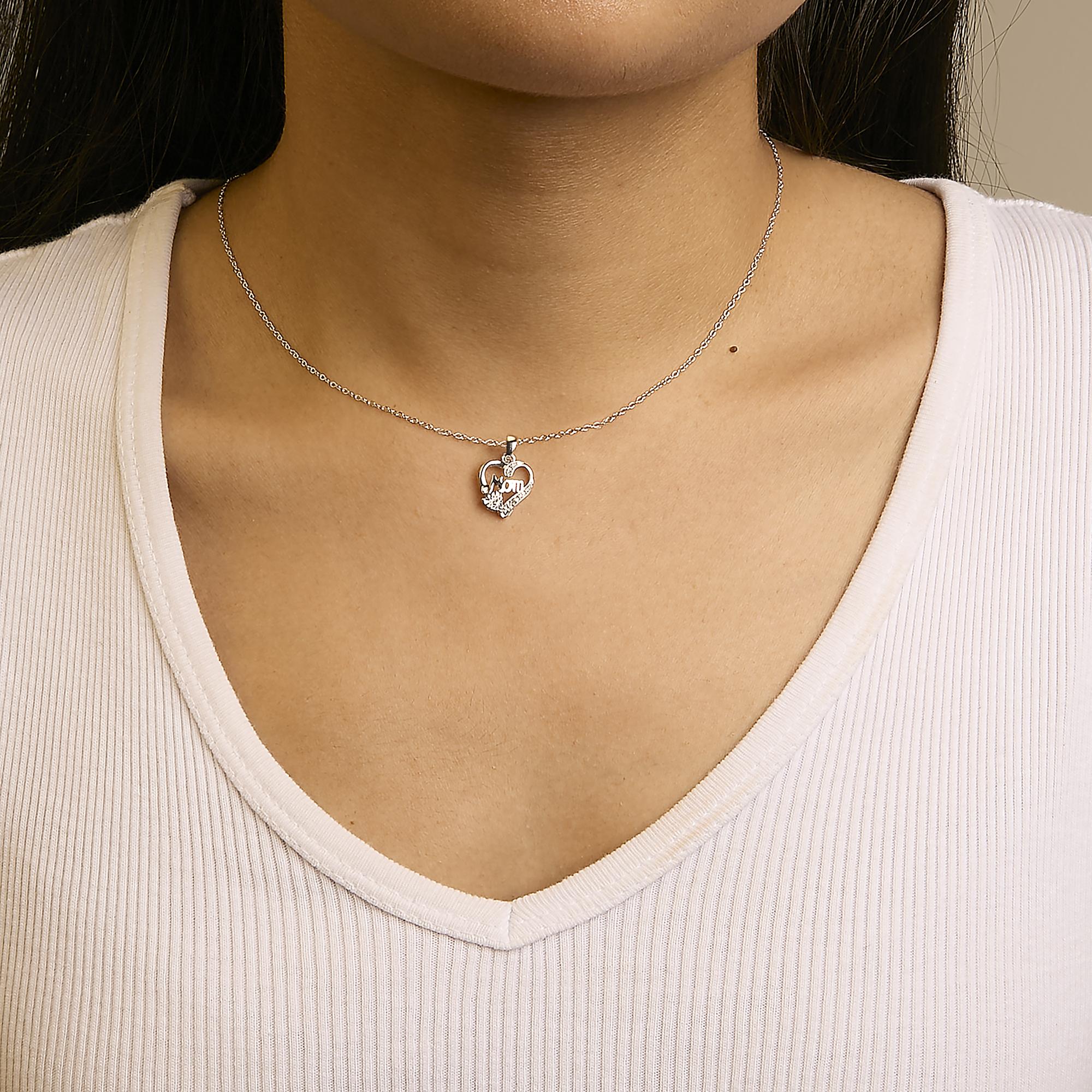 .925 Sterling Silver Diamond Accent Mom with Heart Pendant Necklace (J-K Color, I2-I3 Clarity) - 18" Inches