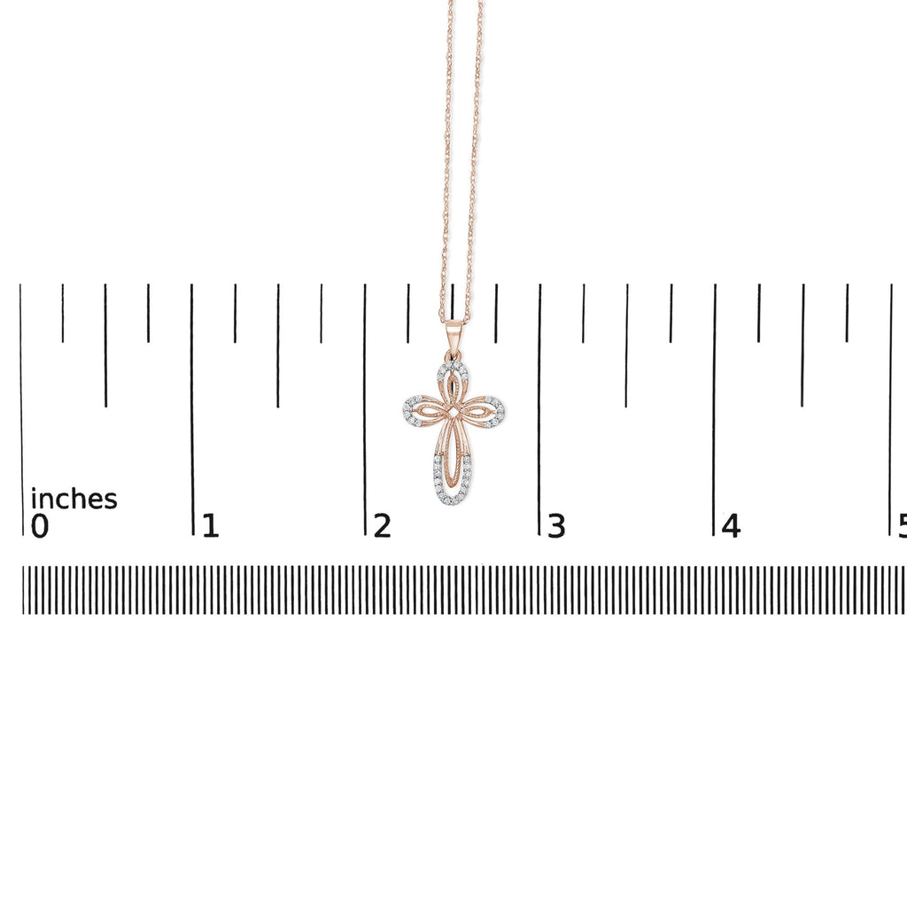 10K Rose Gold Plated Sterling Silver 1/6 Cttw Diamond Double Loop Cross Pendant Necklace