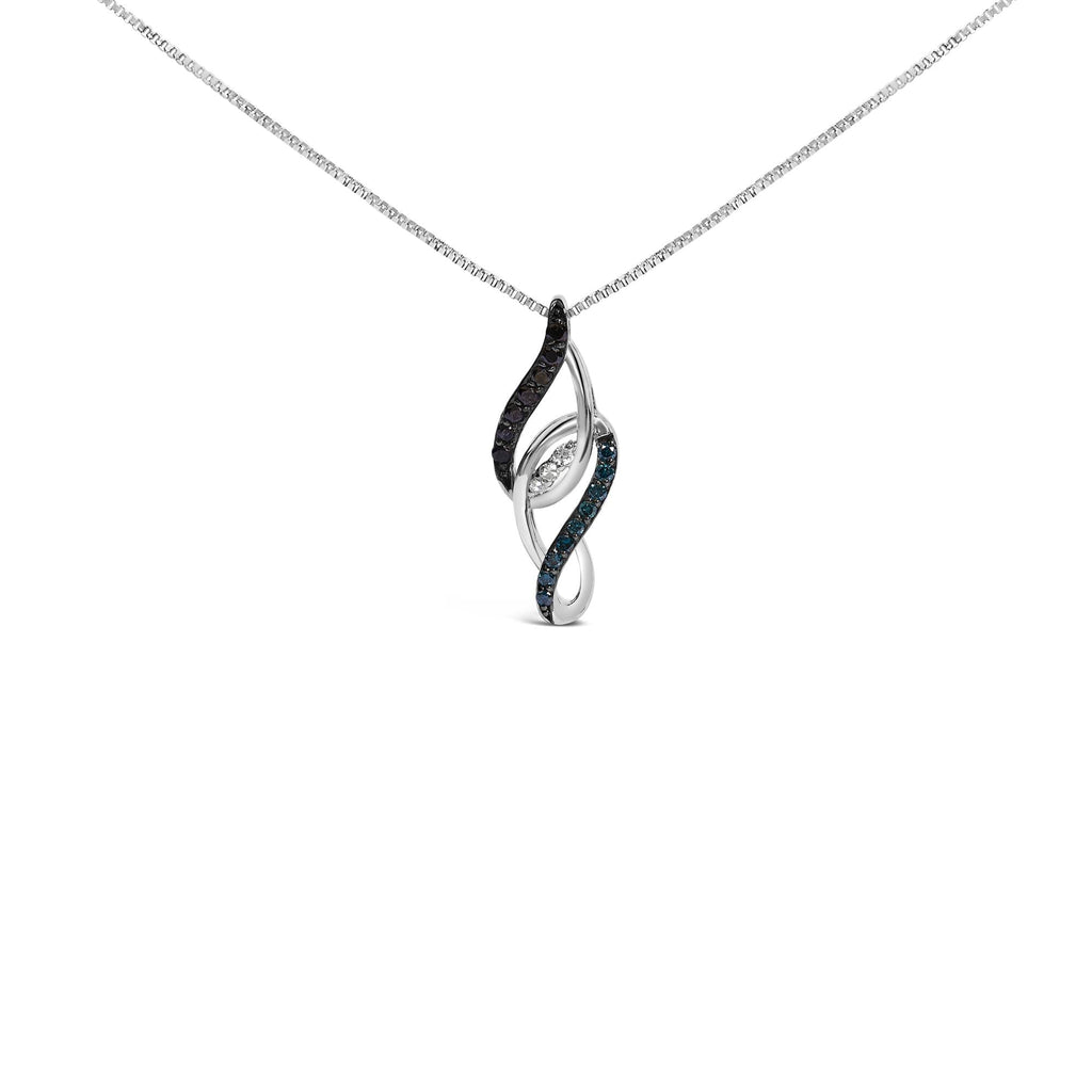 Black, Blue & White Diamond Linear Swirl Pendant Necklace in Sterling Silver – 0.25 Cttw