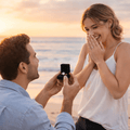 Man proposing to a woman on a beach at sunset