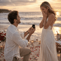 Man proposing to a woman on a beach at sunset with candles and flowers.
