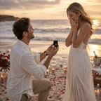 Man proposing to a woman on a beach at sunset with candles and flowers.