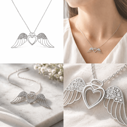 Silver necklace with heart and wing design on a white background