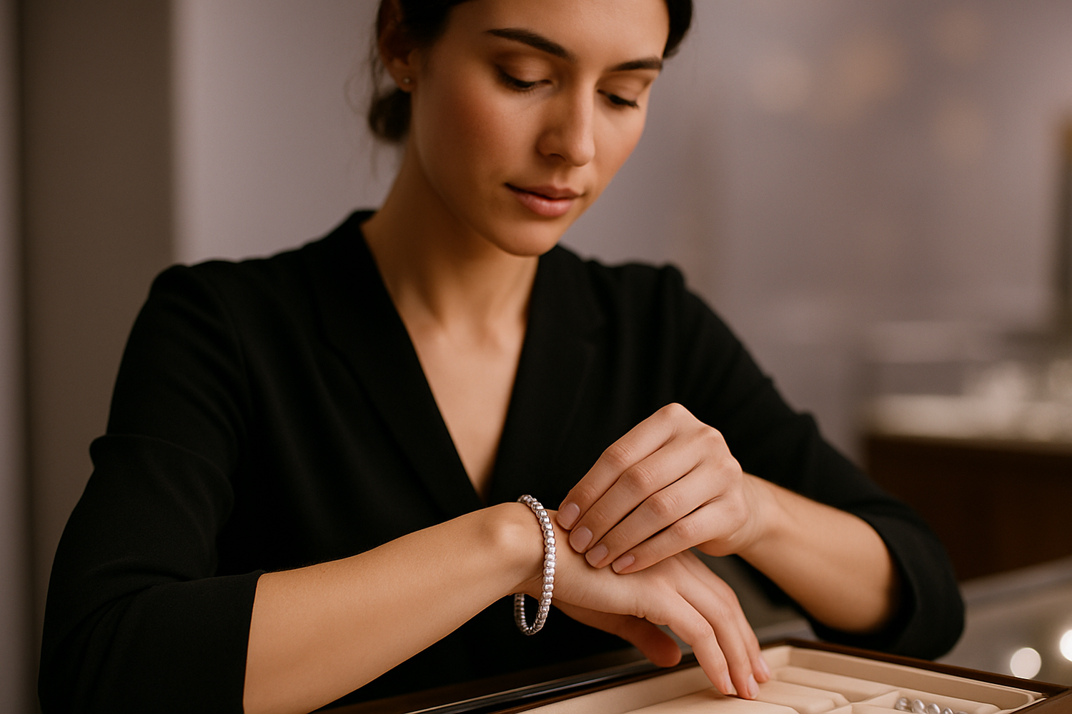 A realistic lifestyle photograph at an upscale jewelry counter. A poised woman in her late 20s gently fastens a diamond tennis bracelet around her wrist. Focus on the fine line of sparkling diamonds; warm, natural lighting; soft background blur with subtle lavender-grey ambience (#EAE6ED). Sophisticated, luxurious, and authentic feel. No text, no logos. Square format (1:1), minimum 400×400 webP image.