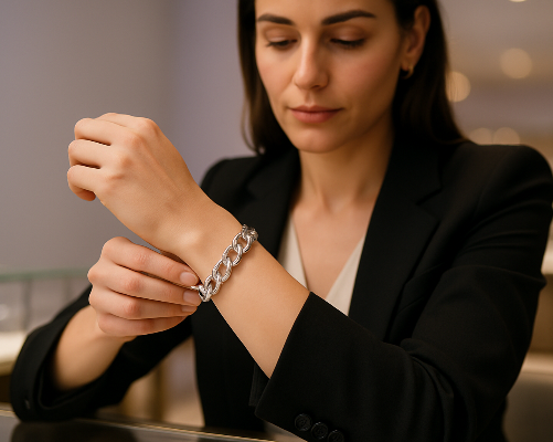 A realistic lifestyle photograph at an upscale jewelry counter. A stylish woman in her early 30s clasps a polished link bracelet around her wrist. Focus on the intricate links and metal shine; warm, natural lighting; soft background blur with subtle lavender-grey ambience (#EAE6ED). Sophisticated and authentic feel. No text, no logos. Square format (1:1), minimum 400×400 webP image.